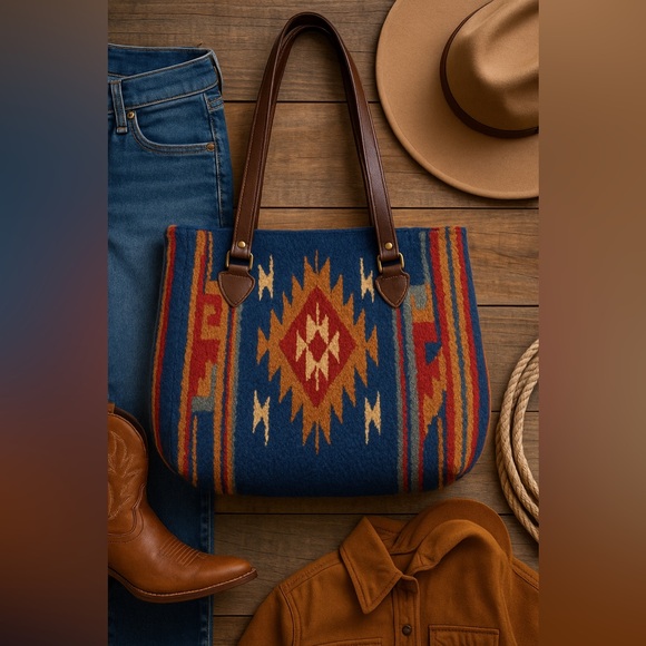 El Paso Saddle Blanket Southwestern Wool Tote Bag with Leather Straps - Picture 9 of 9